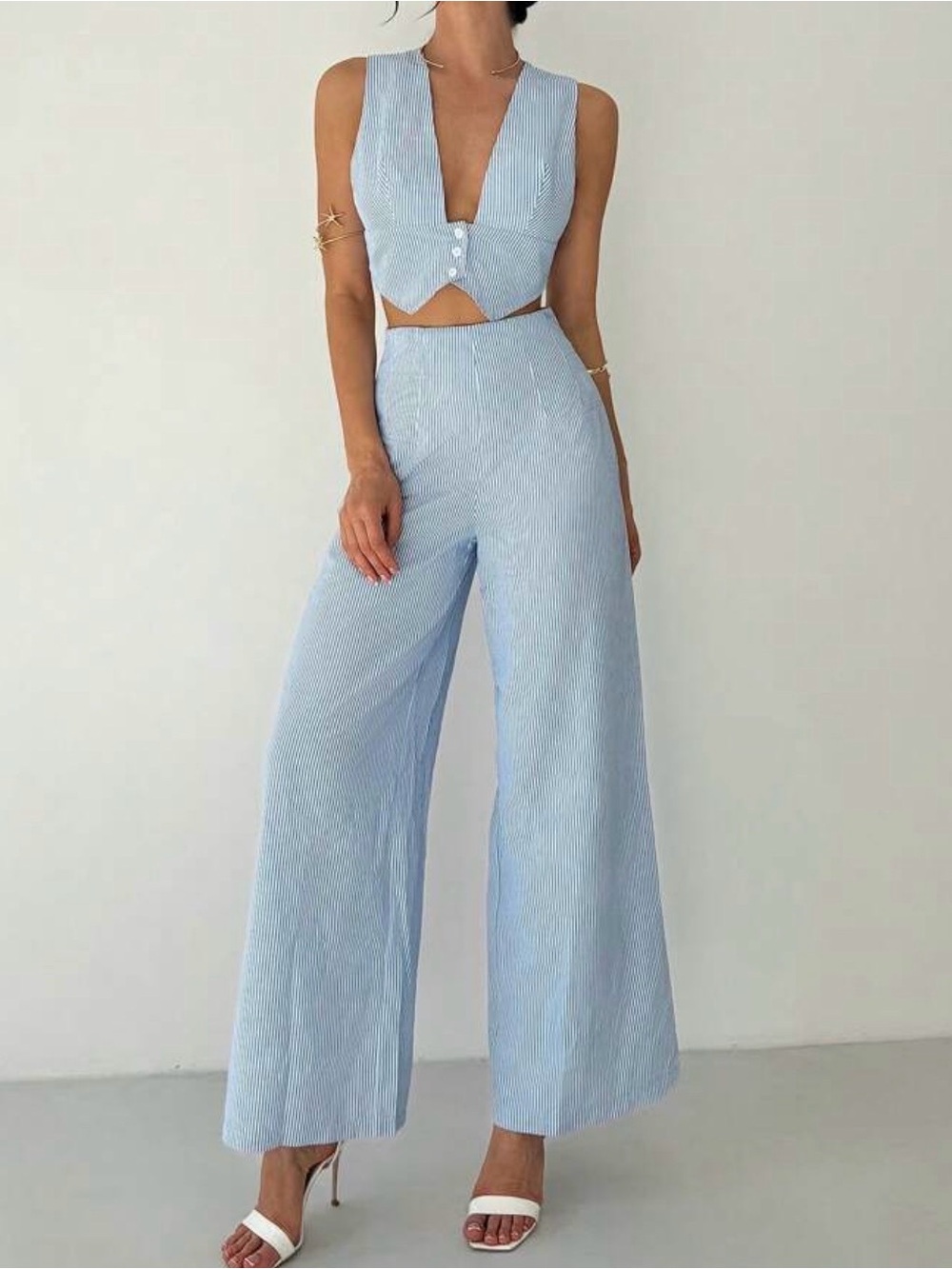 Light Blue Striped Wide-Leg 2 Piece Set
